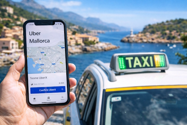 Mobile with Uber App next to Taxi